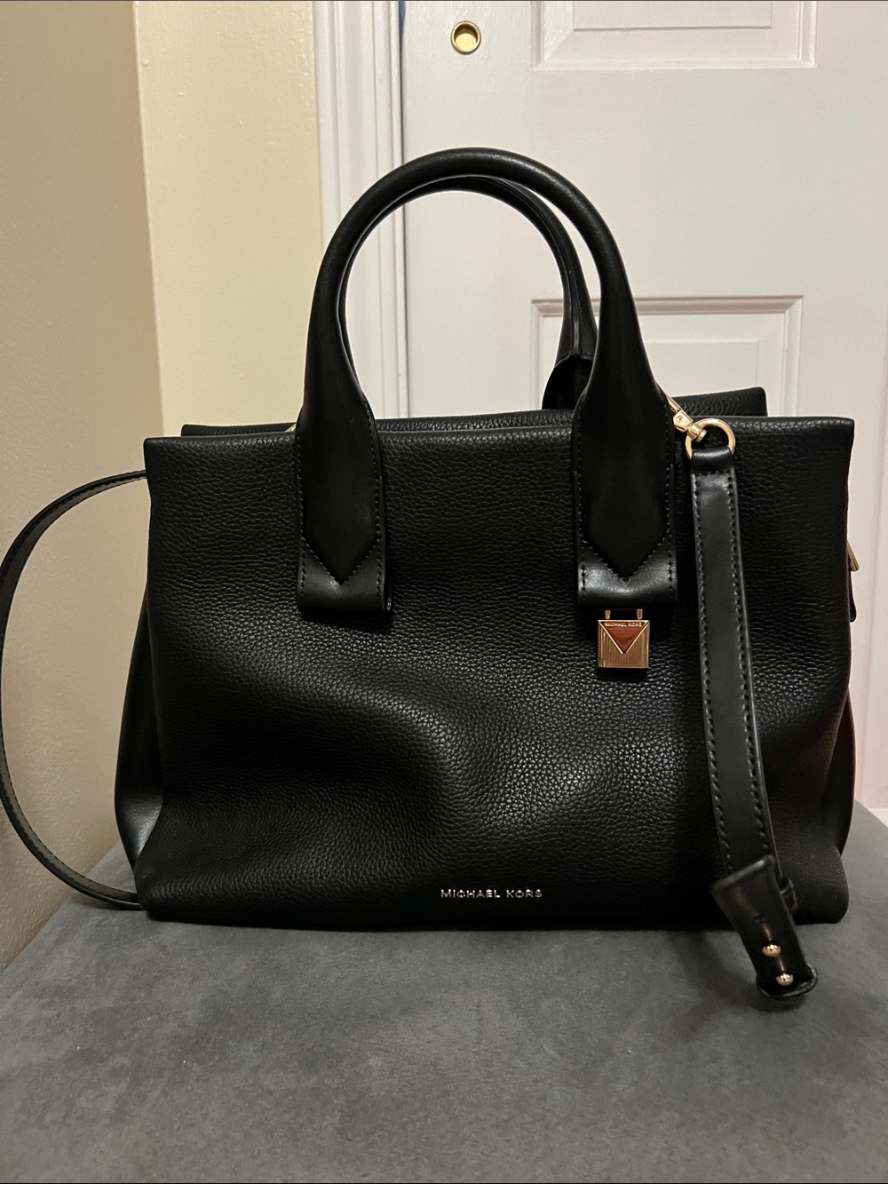 Michael Kors Black Pebbled Leather Satchel with Gold Accent NWOT